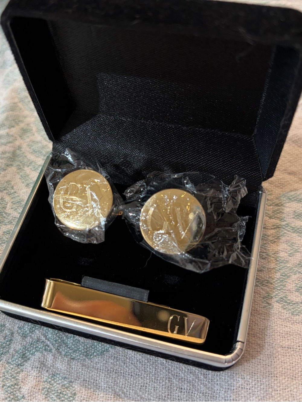 Gold Tie Clip and Cufflinks Set - Initials GV